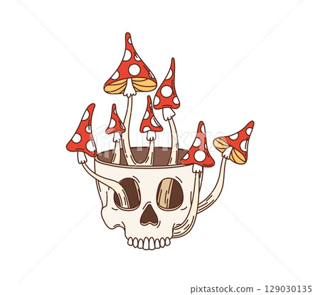 Human skull with mushrooms hippie groovy object. Witchcraft and Haloween horror isolated vector hippie retro symbol. Amanita mushroom growing from empty skull funky vintage 80s object or icon 129030135