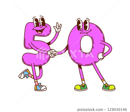 Groovy math numbers, cartoon characters with funny faces, vector mathematics emoji. Groovy number 5 Five and 0 Zero or 50 Fifty numerals, happy smiling and shaking hands for anniversary birthday 129030146