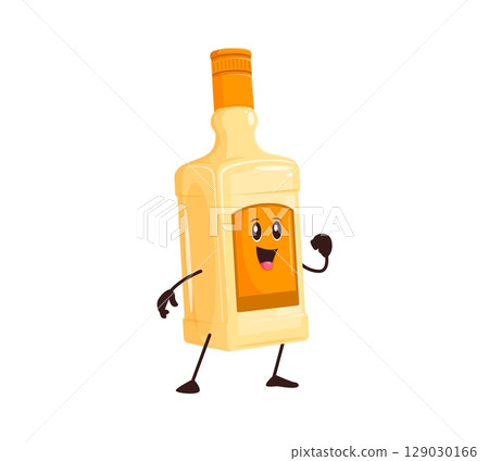 Cartoon whiskey or bourbon drink character. Rum, brandy or cognac bar beverage happy funky vector character. Whiskey alcohol cocktail drink bottle funny groovy 80s mascot or isolated cute personage Cartoon whiskey or bourbon drink character. Rum, brandy or cognac bar beverage happy funky vector character. Whiskey alcohol cocktail drink bottle funny groovy 80s mascot or isolated cute personage 129030166