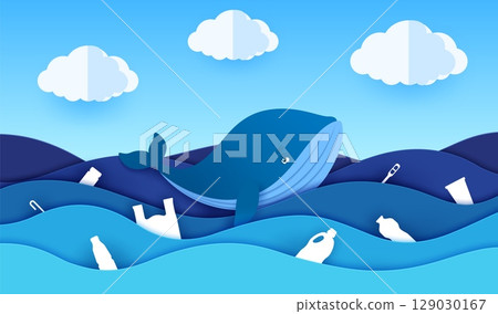 Plastic in the sea, paper cut banner of whale in polluted water. World ocean pollution, environment and ecology problem paper cut vector backdrop or concept with plastic waste in sea water, sad whale Plastic in the sea, paper cut banner of whale in polluted water. World ocean pollution, environment and ecology problem paper cut vector backdrop or concept with plastic waste in sea water, sad whale 129030167