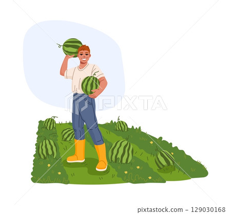 Farmer and gardener cheerful character stands in a watermelon field holding two ripe melons, wearing yellow boots and a white shirt, symbolizing summer harvest, agriculture, and organic farming 129030168