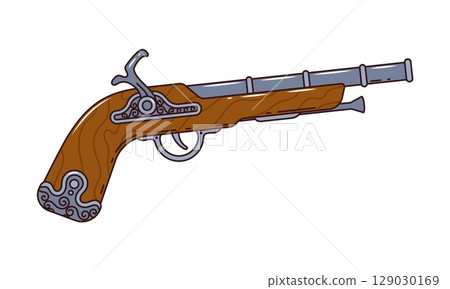 Cartoon groovy musket gun, retro pirate and corsair vintage pistol. Isolated vector old powder revolver, antique weapon for musketeer, cowboy or filibuster. Handgun in hippie nostalgic y2k funky style Cartoon groovy musket gun, retro pirate and corsair vintage pistol. Isolated vector old powder revolver, antique weapon for musketeer, cowboy or filibuster. Handgun in hippie nostalgic y2k funky style 129030169