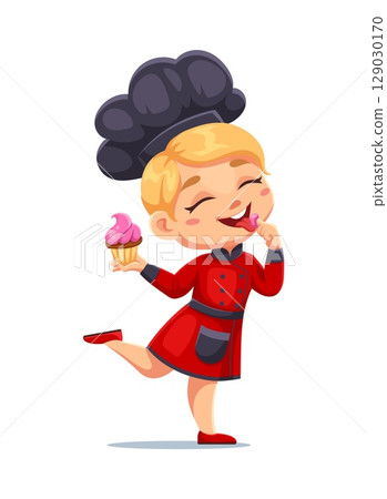 Cartoon girl chef in red uniform and black chef hat happily tasting pink cupcake frosting. Vector kid cook chef, cooking child in toque exuding joy and satisfaction from bakery, dessert or confection 129030170