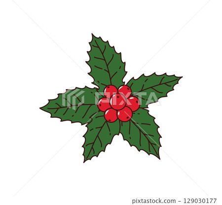 Christmas holly berry leaves groovy decoration. Happy New Year celebration 60s 70s funky element. Christmas festive groovy isolated vector decor. Merry Xmas holiday holly leaves cartoon decoration Christmas holly berry leaves groovy decoration. Happy New Year celebration 60s 70s funky element. Christmas festive groovy isolated vector decor. Merry Xmas holiday holly leaves cartoon decoration 129030177