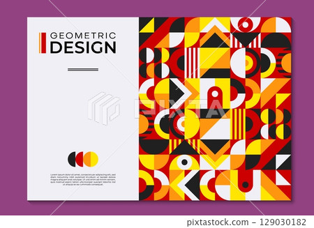 Abstract poster with geometric bauhaus shapes. Corporate identity vector poster or flyer layout with abstract geometric pattern. Business card or banner with black, yellow and orange Bauhaus shapes Abstract poster with geometric bauhaus shapes. Corporate identity vector poster or flyer layout with abstract geometric pattern. Business card or banner with black, yellow and orange Bauhaus shapes 129030182