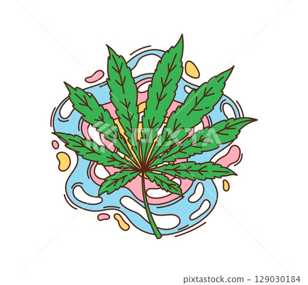 Groovy retro cannabis or marijuana leaf symbol. Weed and pot smoking cartoon 60s vector symbol, marijuana plant groovy 80s icon. Cannabis medical drug funky vintage print or hippie retro sticker 129030184