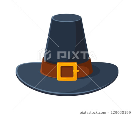 Cartoon Thanksgiving Day symbol of pilgrim hat for autumn holiday, vector icon. Happy Thanksgiving Day symbol for greeting card or cartoon decoration for dinner celebration of national holiday 129030199