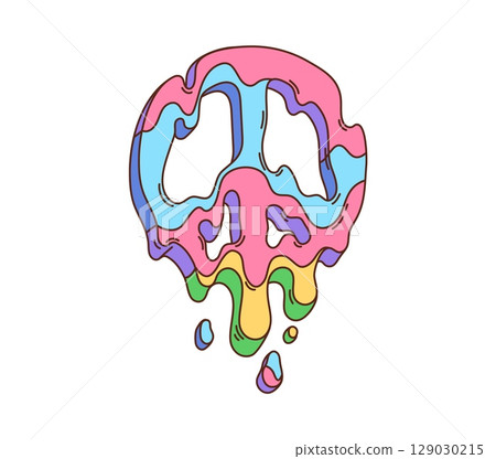 Groovy retro melting colorful peace hippie symbol. Trippy and psychedelic peace sign funky vector icon, groovy vintage print. Hippie culture dripping and melting pacific symbol 80s cartoon sticker 129030215