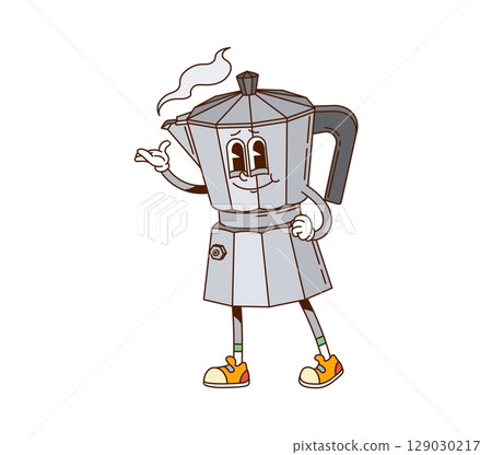 Hippie groovy coffee moka pot cute character. Italian classic coffeemaker funny groovy vector character, cheerful retro Y2K personage. Moka pot happy hippie character or isolated cute funky mascot 129030217