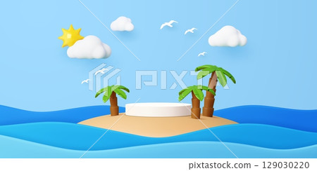 Tropical island podium stage with palm trees and white round display surrounded by blue ocean waves. 3d vector cartoon scene features sky clouds, seagulls and bright sun, evoking a sunny paradise vibe Tropical island podium stage with palm trees and white round display surrounded by blue ocean waves. 3d vector cartoon scene features sky clouds, seagulls and bright sun, evoking a sunny paradise vibe 129030220