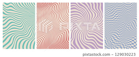 Psychedelic groovy pattern backgrounds featuring warped stripes, hypnotic spirals, and dynamic checkerboards in retro pastel tones. Vector set of abstract vibrant wavy and distorted optical illusions Psychedelic groovy pattern backgrounds featuring warped stripes, hypnotic spirals, and dynamic checkerboards in retro pastel tones. Vector set of abstract vibrant wavy and distorted optical illusions 129030223