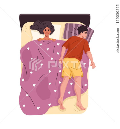 Couple in bed, woman lies awake looking frustrated while her partner sleeps sprawled out. Flat vector scene suggesting emotional distance or relationship tension in a shared bed setting, top view 129030225