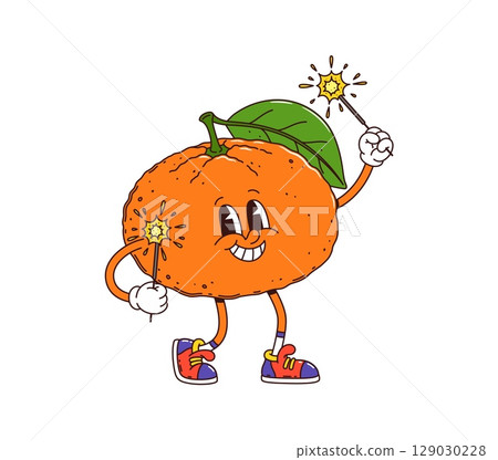 Groovy Christmas tangerine character with sparkler for winter holiday, cartoon vector. Funny groovy tangerine or mandarin fruit with happy face celebrating Christmas or New Year for greetings Groovy Christmas tangerine character with sparkler for winter holiday, cartoon vector. Funny groovy tangerine or mandarin fruit with happy face celebrating Christmas or New Year for greetings 129030228