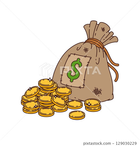 Groovy western money bag. Cartoon vector wild west sturdy canvas sack, used to carry coins or banknotes, marked with a dollar sign. Isolated retro vintage nostalgic asset with American currency cash 129030229