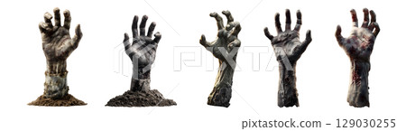 Set of scary zombie hand rising up for Halloween, isolated on transparent background. 129030255