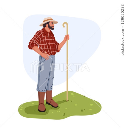Farmer or gardener character on farm field or pasture meadow, vector personage. Farmer or gardener man with shepherd crook at cattle farm, agrarian worker at agriculture farm field or ranch farmland 129030258