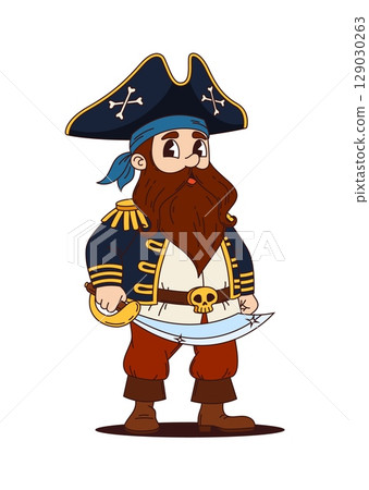 Cartoon groovy pirate and corsair character holding a saber. Isolated vector funny swashbuckling sailor or captain retro personage in tricorn hat. Sea rover ready for adventures and treasure hunts 129030263