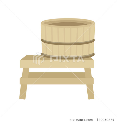 Wooden bathtub and bath stool illustration Wooden bathtub and bath stool illustration 129030275