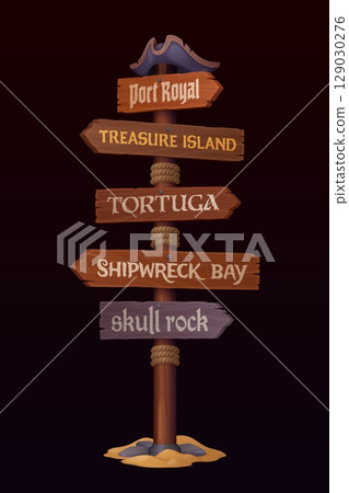 Pirate and corsair signboard, piracy wooden signage cartoon post with arrow sign boards and filibuster captain hat. Vector pirate game UI or corsair party signboard with treasure island direction Pirate and corsair signboard, piracy wooden signage cartoon post with arrow sign boards and filibuster captain hat. Vector pirate game UI or corsair party signboard with treasure island direction 129030276