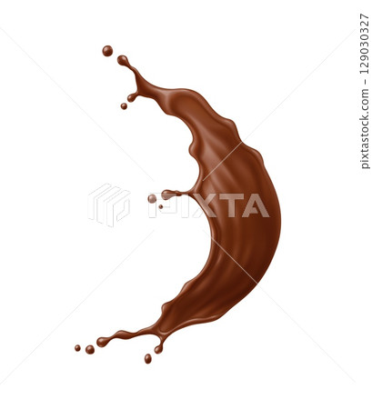 Round circle chocolate drink wave splash with smooth curve and droplets mid air. Vector sweet cocoa liquid in motion fluid dessert and food swirl. Isolated realistic 3d cocoa Brown stream with drops 129030327
