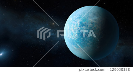 Blue hycean planet with cloudy atmosphere floats serenely in vastness of space, surrounded by distant stars 129030328
