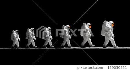 Astronaut in space suit evolution from small to large on black background Astronaut in space suit evolution from small to large on black background 129030331