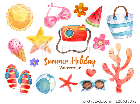 Set of watercolor beach illustrations. Hand drawn summer objects: swimsuit, camera, beach umbrella, sunglasses, hat. Summer icons, stickers. Collection elements for beach party. Tropical vacation. 129030352