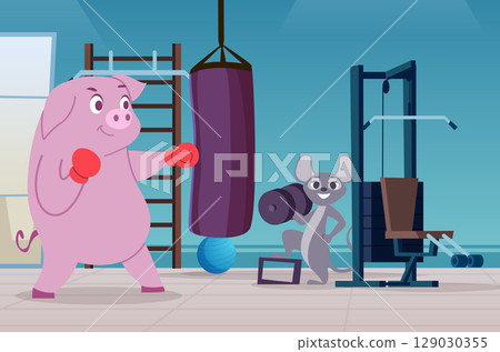 Sport gym. pig and mouse cartoon animals making sport exercises in athletic gym 129030355