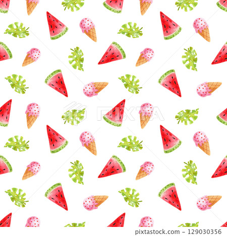 Watercolor seamless pattern with hand drawn watermelon elements creating summer vibes. Fruit illustration on white background for textile, print and decoration Watercolor seamless pattern with hand drawn watermelon elements creating summer vibes. Fruit illustration on white background for textile, print and decoration 129030356