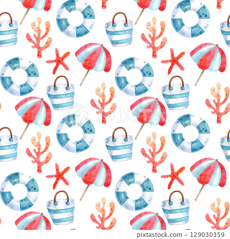 Watercolor illustration summer vacation. Hand drawn seamless pattern with tourism objects: sunglasses, hat, sea shells, photo camera, ice cream, woman shoes.  129030359