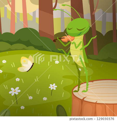 Grasshopper. wild bugs playing on music violin in beautiful forest 129030376