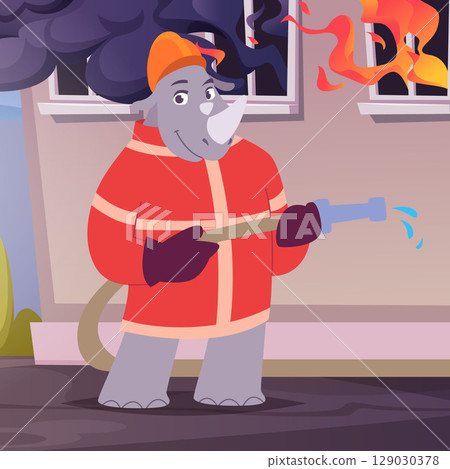 Firefighter. rhinoceros in professional uniform firefighter 129030378