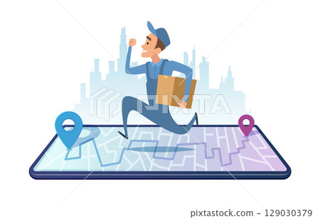 Fast delivery. concept illustration with deliveryman running with box 129030379