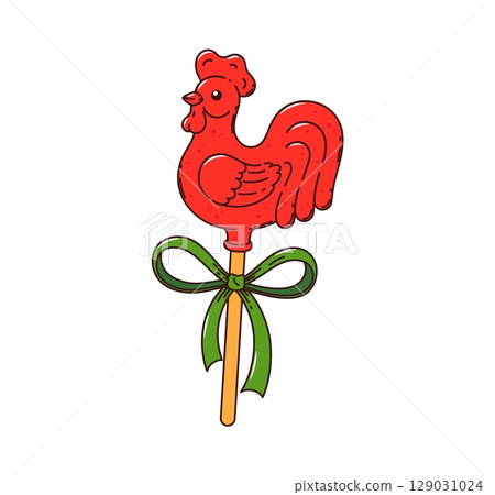 Christmas sugar rooster candy sweet dessert. Happy New Year traditional lollypop dessert. Christmas holiday candy dessert, Russian sugar rooster isolated vector groovy sweet Christmas sugar rooster candy sweet dessert. Happy New Year traditional lollypop dessert. Christmas holiday candy dessert, Russian sugar rooster isolated vector groovy sweet 129031024