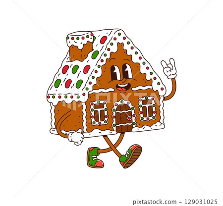 Groovy Christmas ginger cookie house character for winter holiday, cartoon vector. Funny gingerbread house biscuit with happy face and cool gesture for Christmas holiday greetings and funky character Groovy Christmas ginger cookie house character for winter holiday, cartoon vector. Funny gingerbread house biscuit with happy face and cool gesture for Christmas holiday greetings and funky character 129031025