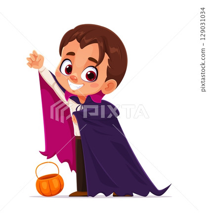 Kid Halloween party, happy cartoon boy dressed as a vampire poses confidently with a toothy grin, wearing a dark purple cape and holding a pumpkin basket, ready for trick or treating and festive fun 129031034