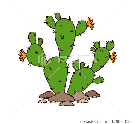 Cartoon groovy wild west western prickly pear cactus. Vector desert succulent plant with green paddle like segments, sharp spines and blooming flowers, symbolizes arid landscapes of American southwest 129031035