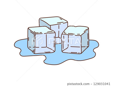 Retro groovy cocktail drink melting ice cubes. Three cold and wet icy blocks, frozen clear water groovy retro vector symbol. Bar chill drink ice cubes melting in water puddle funky sticker or icon 129031041