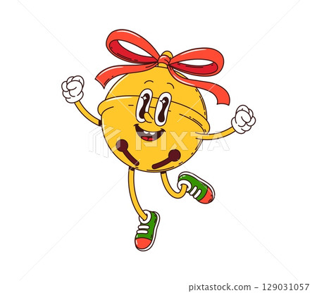 Christmas jingle bell decoration groovy character. Winter season festive golden bell funky funny character. Christmas celebration decor cartoon vector mascot. New Year decoration groovy personage 129031057