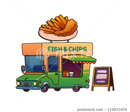 Fish and chip food truck car, festival street foodtruck van. Cartoon vector retro mobile with striped canopy, open service window, sauce bottle, takeaway box and blackboard menu for outdoor vending 129031059