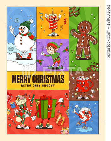 Christmas collage groovy cartoon characters poster. Festive merry Xmas greetings with retro cheerful snowman, candle, gingerbread man, elf, present, cocoa mug and skating lollipop celebrating holidays 129031063