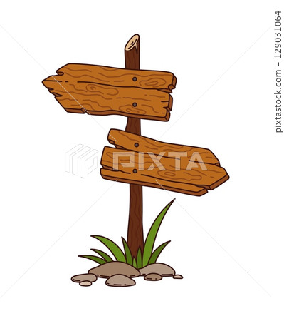 Groovy western wood road signboards. Cartoon vector retro wild west banner. Isolated rustic, wooden pointer sign, featuring weathered arrow slats and pole, vintage American Texas directional signpost 129031064
