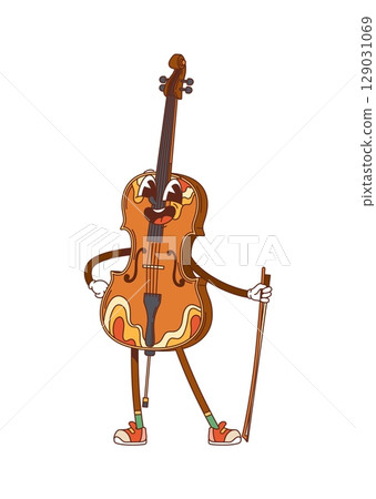 Cartoon groovy contrabass, double bass musical instrument character with smiling face and bow in hand stands confidently. Isolated vector classic music equipment personage ready for orchestra concert Cartoon groovy contrabass, double bass musical instrument character with smiling face and bow in hand stands confidently. Isolated vector classic music equipment personage ready for orchestra concert 129031069