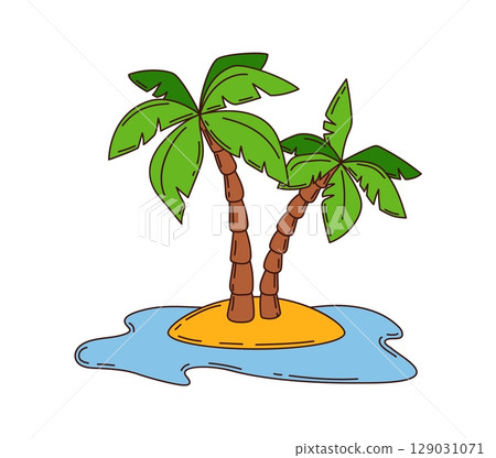 Cartoon groovy pirate island with palm trees, surrounded by sand and blue sea waves. Isolated vector paradise land with slender palm trees swaying in tropical breeze. Treasure island landscape 129031071