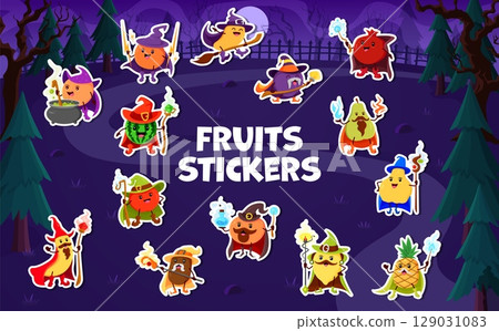 Halloween mage, witch and sorcerer fruit characters stickers pack. Peach, orange and mango, plum, pomegranate, watermelon and wizard or sorcerer with magic scepter cartoon vector personages stickers Halloween mage, witch and sorcerer fruit characters stickers pack. Peach, orange and mango, plum, pomegranate, watermelon and wizard or sorcerer with magic scepter cartoon vector personages stickers 129031083