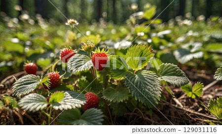 Wild strawberry bush in a sunny forest. Ripe red berries growing near a tent on a summer meadow, organic camping and outdoor lifestyle concept. Wild strawberry bush in a sunny forest. Ripe red berries growing near a tent on a summer meadow, organic camping and outdoor lifestyle concept. 129031116