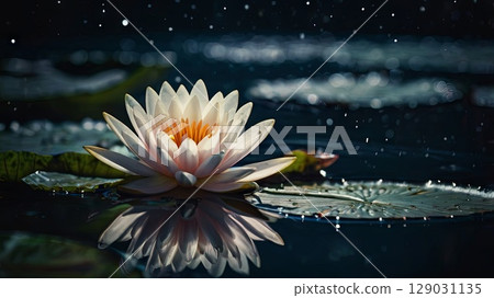 Magical night water lily on pond - close up of blooming lotus with bokeh effect. Concept dreamy nature scene, zen floral aesthetics, wellness banner Magical night water lily on pond - close up of blooming lotus with bokeh effect. Concept dreamy nature scene, zen floral aesthetics, wellness banner 129031135