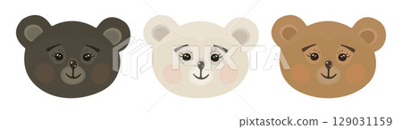 Cute kawaii three bear muzzles in different colors - brown, white and ginger red 129031159