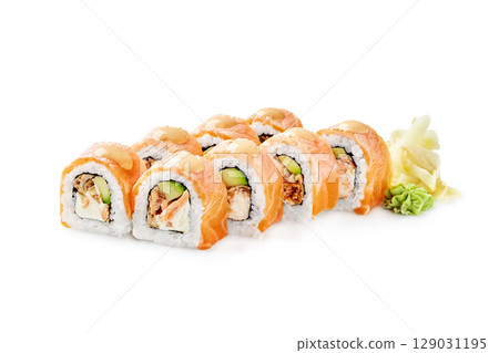 Philadelphia uramaki sushi rolls with salmon, cream cheese, avocado, cucumber, and sauce on white background Philadelphia uramaki sushi rolls with salmon, cream cheese, avocado, cucumber, and sauce on white background 129031195