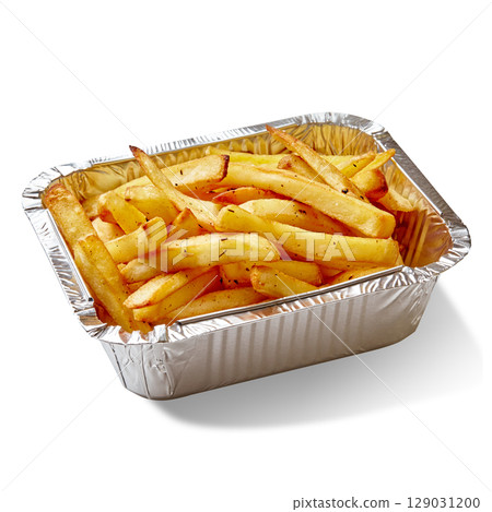 French fries with herbs in an aluminum tray on white background 129031200
